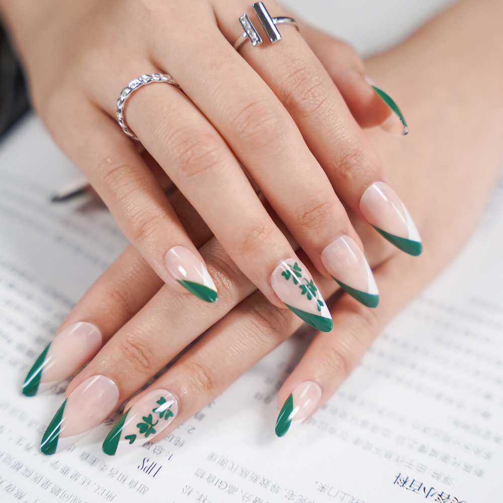 # LF-JP2299 Private Label Press on Nails Medium Almond, Nude Press on Nails, Fake Nails with Green and White French Tip, Gloss Full Cover Glue on Nails, Artificial Acrylic Stick on  Nails, False Nails with Green Clover for Women and Girls
