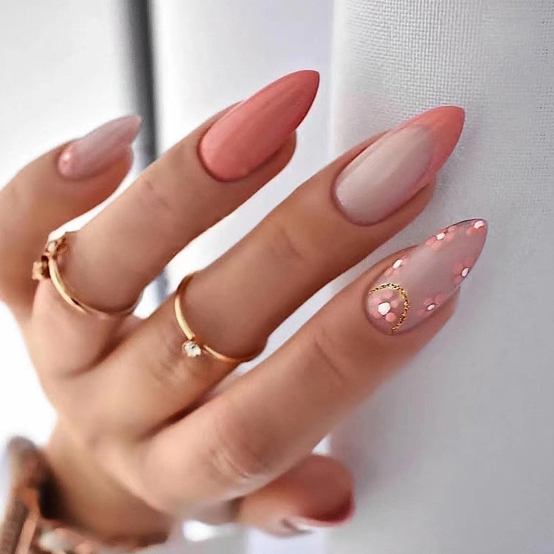 #W292 Press on Nails Medium Almond Light Pastel, Fake Nail with Design, Pointed Almond Shape False Nails, Pink Reusable Stick Glue on Nails Kit for Women