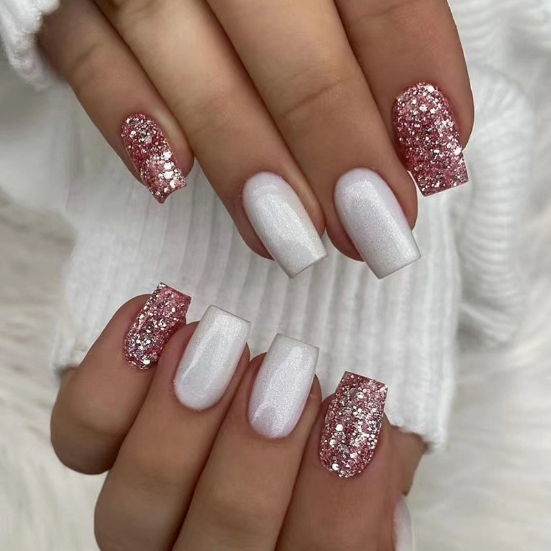 #W297 Private Label Short Press On Nails – Short Square Nails Shimmer Acrylic Long Lasting Reusable Fit Perferctly For Women and Girls 丨12 Sizes 24 Pcs Gel White Color Tips