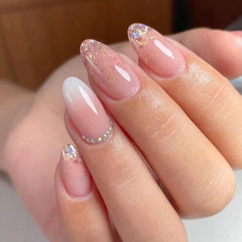 #Z564 French Tip Press on Nails Short Almond, Medium Fake Nails with Glitter Design Nude False Nails, Transparent Reusable Stick Glue on Nails Kit for Women